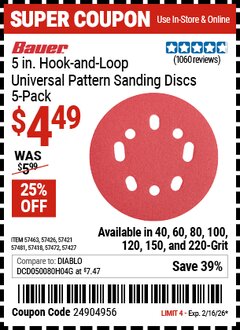Harbor Freight Coupon BAUER 5 IN., HOOK-AND-LOOP UNIVERSAL PATTERN SANDING DISCS, 5-PACK Lot No. 57418/57421/57426/57427/57463/57472/57481 Valid Thru: 2/16/26 - $4.49