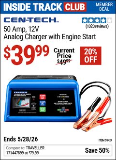 Harbor Freight Coupon CEN-TECH 50 AMP, 12V ANALOG CHARGER WITH ENGINE START Lot No. 59424 Valid: 12/31/69 - 5/28/26 - $39.99