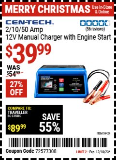 Harbor Freight Coupon CEN-TECH 2/10/50 AMP 12V MANUAL CHARGER WITH ENGINE START Lot No. 59424 Expired: 12/10/23 - $39.99