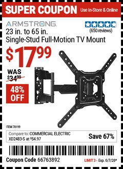 Harbor Freight Coupon ARMSTRONG 23 IN. TO 65 IN. SINGLE-STUD FULL-MOTION TV MOUNT Lot No. 70199 EXPIRES: 6/7/26 - $17.99