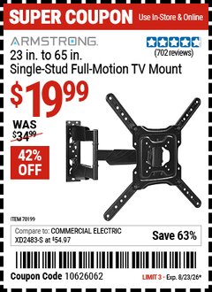 Harbor Freight Coupon ARMSTRONG 23 IN. TO 65 IN. SINGLE-STUD FULL-MOTION TV MOUNT Lot No. 70199 Expired: 8/23/26 - $19.99