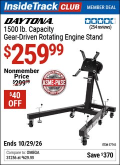 Harbor Freight ITC Coupon DAYTONA 1500 LB. CAPACITY GEAR-DRIVEN ROTATING ENGINE STAND Lot No. 57745 Valid Thru: 10/29/26 - $259.99