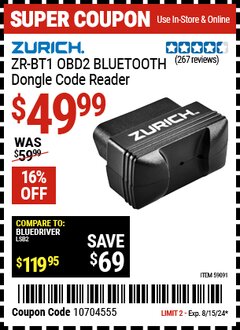 Harbor Freight Coupon ZURICH ZR-BT1 OBD2 BLUETOOTH DONGLE CODE READER Lot No. 59091 Expired: 8/15/24 - $49.99