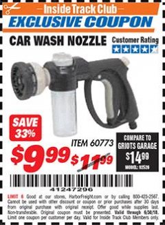 Harbor Freight ITC Coupon HFT 9-PATTERN CAR WASH NOZZLE WITH SOAP DISPENSER Lot No. 60773 Expired: 6/30/18 - $9.99