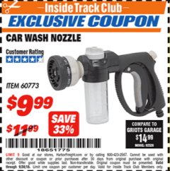 Harbor Freight ITC Coupon CAR WASH NOZZLE Lot No. 60773 Expired: 9/30/18 - $9.99