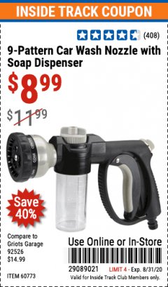 Harbor Freight ITC Coupon HFT 9-PATTERN CAR WASH NOZZLE WITH SOAP DISPENSER Lot No. 60773 Expired: 8/31/20 - $8.99