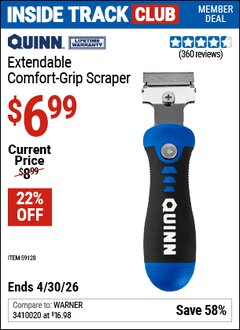 Harbor Freight ITC Coupon QUINN EXTENDABLE COMFORT-GRIP SCRAPER Lot No. 59128 Valid Thru: 4/30/26 - $6.99