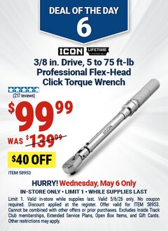 Harbor Freight Coupon ICON 3/8 DRIVE 5-75 FT. LB. PROFESSIONAL FLEX-HEAD CLICK TORQUE WRENCH Lot No. 58953 Expired: 5/6/26 - $99.99