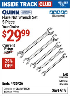 Harbor Freight ITC Coupon QUINN FLARE NUT WRENCH SET, 5-PIECE Lot No. 56793/56794 Valid Thru: 4/30/26 - $29.99