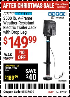 Harbor Freight ITC Coupon 3500 LB A-FRAME TRAILER JACK Lot No. 57404 Expired: 1/7/24 - $149.99