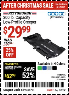 Harbor Freight Coupon PITTSBURGH 300LB CAPACITY LOW-PROFILE CREEPER Lot No. 57310, 57311, 63371, 63372, 57312 Expired: 1/7/24 - $29.99