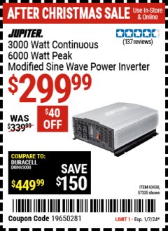 Harbor Freight Coupon JUPITER 3000 WATT CONTINUOUS/6000 WATT PEAK MODIFIED SINE WAVE POWER INVERTER Lot No. 57335/63430 Expired: 1/7/24 - $299.99