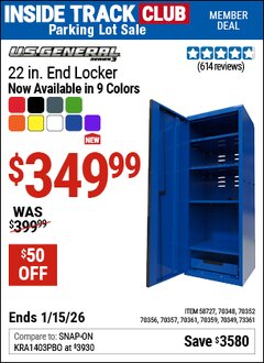 Harbor Freight ITC Coupon U.S. GENERAL 22 IN. END LOCKER, SERIES 3, RED Lot No. 58727/70348/70349/70352/70356/70357/70359/70361/73361 Expired: 1/15/26 - $349.99