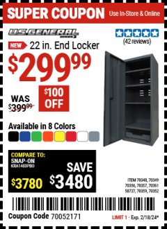 Harbor Freight Coupon U.S. GENERAL 22 IN. END LOCKER, SERIES 3 Lot No. 58727, 70348, 70349, 70352, 70356, 70357, 70359, 70361 Expired: 2/18/24 - $299.99