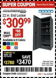 Harbor Freight Coupon U.S. GENERAL 22 IN. END LOCKER, SERIES 3, RED Lot No. 58727/70348/70349/70352/70356/70357/70359/70361/73361 Expired: 6/23/24 - $309.99