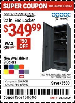 Harbor Freight Coupon U.S. GENERAL 22 IN. END LOCKER, SERIES 3, RED Lot No. 58727/70348/70349/70352/70356/70357/70359/70361/73361 Expired: 1/25/26 - $349.99