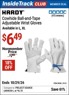 Harbor Freight ITC Coupon HARDY COWHIDE BALL-AND-TAPE ADJUSTABLE WRIST GLOVES Lot No. 58988/59131 Valid Thru: 10/29/26 - $6.49
