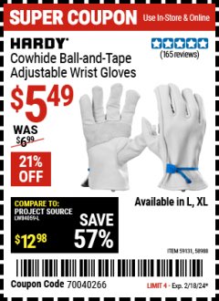 Harbor Freight Coupon HARDY COWHIDE BALL-AND-TAPE ADJUSTABLE WRIST GLOVES Lot No. 58988/59131 Expired: 2/18/24 - $5.49