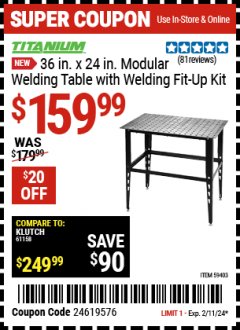 Harbor Freight Coupon TITANIUM 36 IN. X 24 IN. MODULAR WELDING TABLE WITH WELDING FIT-UP KIT Lot No. 59403 Expired: 2/11/24 - $159.99