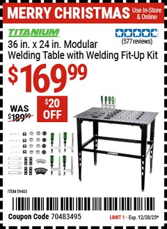 Harbor Freight Coupon TITANIUM 36 IN. X 24 IN. MODULAR WELDING TABLE WITH WELDING FIT-UP KIT Lot No. 59403 Expired: 12/28/25 - $169.99