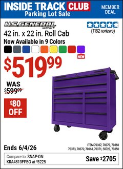 Harbor Freight ITC Coupon U.S. GENERAL 42 IN. X 22 IN. ROLL CAB, SERIES 3 Lot No. 58723/70363/70367/70368/70370/70371/70372/70373/73350 Expired: 6/4/26 - $519.99