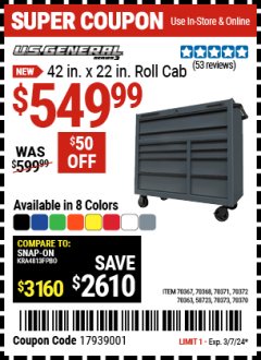 Harbor Freight Coupon U.S. GENERAL 42 IN. X 22 IN. ROLL CAB, SERIES 3, RED Lot No. 58723/70363/70367/70368/70370/70371/70372/70373/73350 Expired: 3/7/24 - $549.99