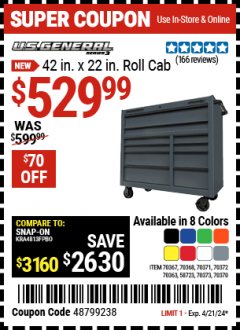 Harbor Freight Coupon U.S. GENERAL 42 IN. X 22 IN. ROLL CAB, SERIES 3, RED Lot No. 58723/70363/70367/70368/70370/70371/70372/70373/73350 Expired: 4/21/24 - $529.99