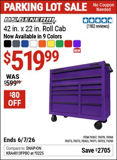 Harbor Freight Coupon U.S. GENERAL 42 IN. X 22 IN. ROLL CAB, SERIES 3 Lot No. 58723/70363/70367/70368/70370/70371/70372/70373/73350 Expired: 6/7/26 - $519.99