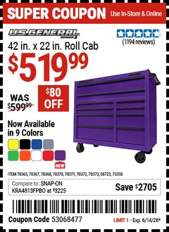 Harbor Freight Coupon U.S. GENERAL 42 IN. X 22 IN. ROLL CAB, SERIES 3 Lot No. 58723/70363/70367/70368/70370/70371/70372/70373/73350 Expired: 6/14/26 - $519.99