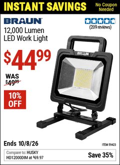 Harbor Freight Coupon BRAUN 12,000 LUMEN LED WORK LIGHT Lot No. 59423 Valid Thru: 10/8/26 - $44.99