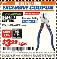 Harbor Freight ITC Coupon 10" CABLE CUTTER Lot No. 61422/40507 Expired: 8/31/18 - $3.99