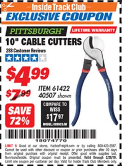 Harbor Freight ITC Coupon 10" CABLE CUTTER Lot No. 61422/40507 Expired: 2/28/19 - $4.99