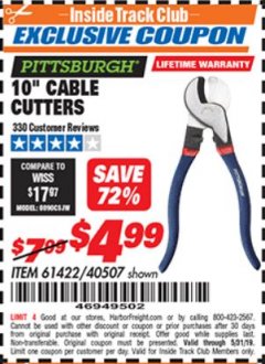 Harbor Freight ITC Coupon 10" CABLE CUTTER Lot No. 61422/40507 Expired: 5/31/19 - $4.99