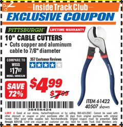 Harbor Freight ITC Coupon 10" CABLE CUTTER Lot No. 61422/40507 Expired: 8/31/19 - $4.99
