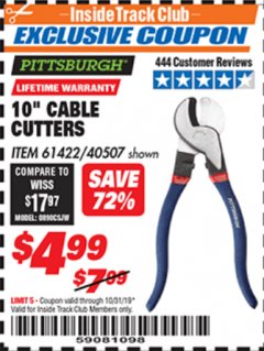 Harbor Freight ITC Coupon 10" CABLE CUTTER Lot No. 61422/40507 Expired: 10/31/19 - $4.99