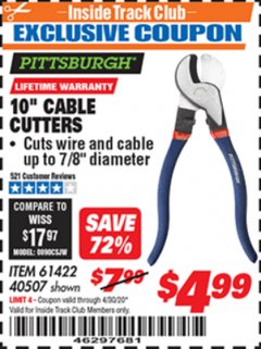Harbor Freight ITC Coupon 10" CABLE CUTTER Lot No. 61422/40507 Expired: 4/30/20 - $4.99