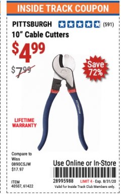 Harbor Freight ITC Coupon 10" CABLE CUTTER Lot No. 61422/40507 Expired: 8/31/20 - $4.99