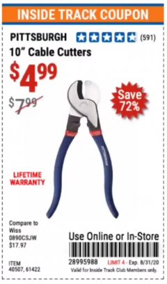 Harbor Freight ITC Coupon 10" CABLE CUTTER Lot No. 61422/40507 Expired: 8/31/20 - $4.99