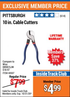 Harbor Freight ITC Coupon 10" CABLE CUTTER Lot No. 61422/40507 Expired: 10/31/20 - $4.99