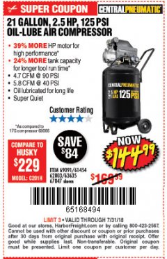 Harbor Freight Coupon 2.5 HP, 21 GALLON 125 PSI VERTICAL AIR COMPRESSOR Lot No. 67847/61454/61693/69091/62803/63635 Expired: 7/31/18 - $144.99