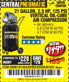 Harbor Freight Coupon 2.5 HP, 21 GALLON 125 PSI VERTICAL AIR COMPRESSOR Lot No. 67847/61454/61693/69091/62803/63635 Expired: 12/9/18 - $149.99