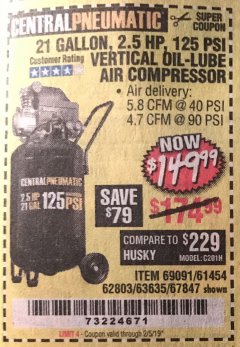 Harbor Freight Coupon 2.5 HP, 21 GALLON 125 PSI VERTICAL AIR COMPRESSOR Lot No. 67847/61454/61693/69091/62803/63635 Expired: 2/5/19 - $149.99