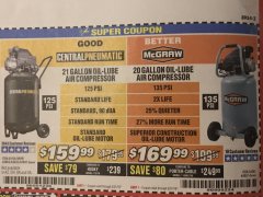 Harbor Freight Coupon 2.5 HP, 21 GALLON 125 PSI VERTICAL AIR COMPRESSOR Lot No. 67847/61454/61693/69091/62803/63635 Expired: 5/31/19 - $159.99