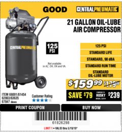 Harbor Freight Coupon 2.5 HP, 21 GALLON 125 PSI VERTICAL AIR COMPRESSOR Lot No. 67847/61454/61693/69091/62803/63635 Expired: 5/19/19 - $159.99