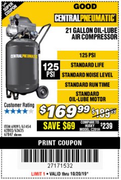 Harbor Freight Coupon 2.5 HP, 21 GALLON 125 PSI VERTICAL AIR COMPRESSOR Lot No. 67847/61454/61693/69091/62803/63635 Expired: 10/20/19 - $169.99