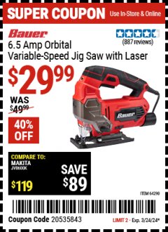 Harbor Freight Coupon BAUER 6.5 AMP ORBITAL VARIABLE-SPEED JIG SAW WITH LASER Lot No. 64290 Expired: 3/24/24 - $29.99