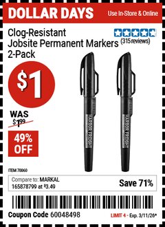 Harbor Freight Coupon CLOG-RESISTANT JOBSITE PERMANENT MARKERS, 2-PACK Lot No. 70060 Valid Thru: 3/11/26 - $1