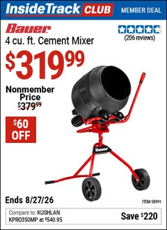 Harbor Freight ITC Coupon BAUER 4 CU. FT. CEMENT MIXER Lot No. 58991 Valid Thru: 8/27/26 - $319.99