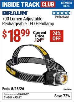 Harbor Freight ITC Coupon BRAUN 700 LUMEN ADJUSTABLE RECHARGEABLE LED HEADLAMP Lot No. 59298 Valid Thru: 5/28/26 - $18.99
