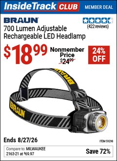 Harbor Freight ITC Coupon BRAUN 700 LUMEN ADJUSTABLE RECHARGEABLE LED HEADLAMP Lot No. 59298 Valid Thru: 8/27/26 - $18.99